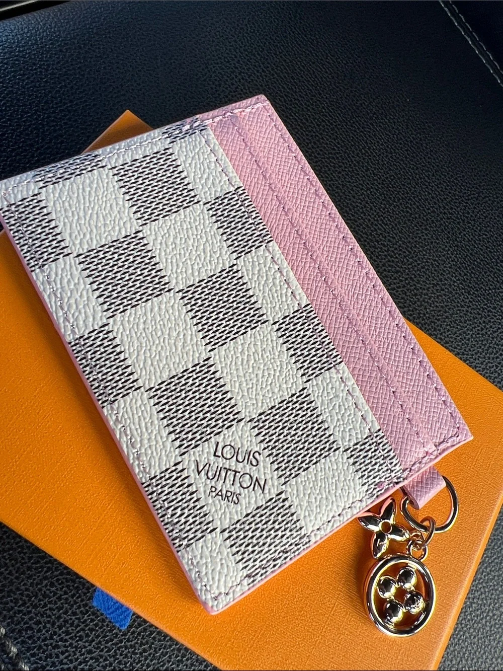 Pink and White Damier Cardholder with Gold Charm